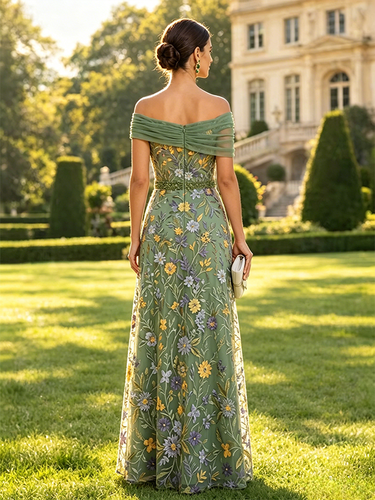 Robe longue de soirée fleurie trapèze épaules dénudées brodée robe de mère de la mariée robe d'invitée de mariage - milanoo.com - Modalova