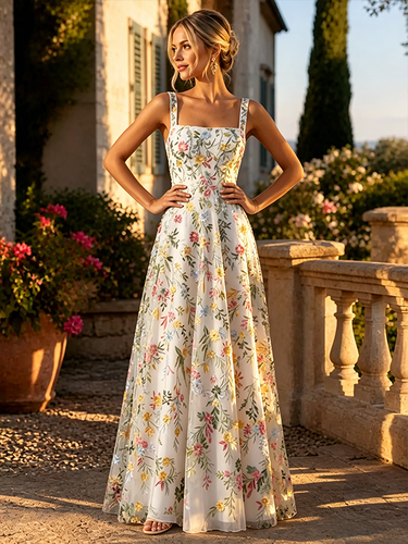Robe longue en tulle brodée de fleurs bretelles spaghetti carrées coupe trapèze idéale pour une invitée de mariage ou une cérémonie - milanoo.com - Modalova