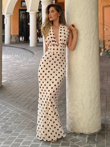 Robe de soirée longue sirène à pois décolleté plongeant dos nu et ceinture col licou - milanoo.com - Modalova