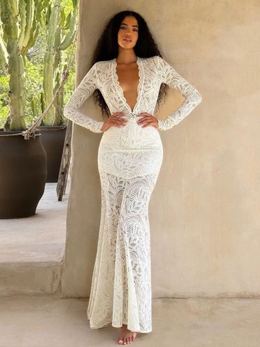 Robe de soirée body en dentelle à manches longues et décolleté plongeant jupe longue sirène robe de mariée deux pièces - milanoo.com - Modalova
