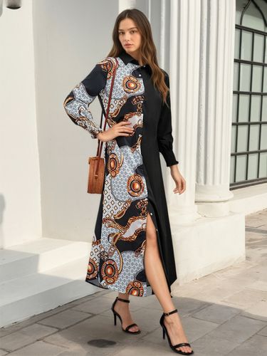 Robe maxi color block col rabattu manches longues patchwork élégant robe longue - milanoo.com - Modalova