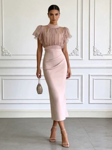 Robe de soirée transparente à manches à volants et fente drapée en satin robe d'invitée de mariage - milanoo.com - Modalova