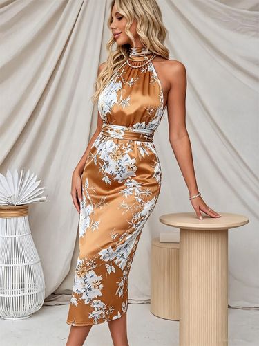 Robe de soirée dos nu en satin à fleurs robe midi moulante avec fermeture éclair au dos robe de mariée - milanoo.com - Modalova