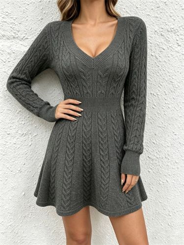 Robe pull courte à col en V profond manches longues taille cintrée et ourlet évasé - milanoo.com - Modalova