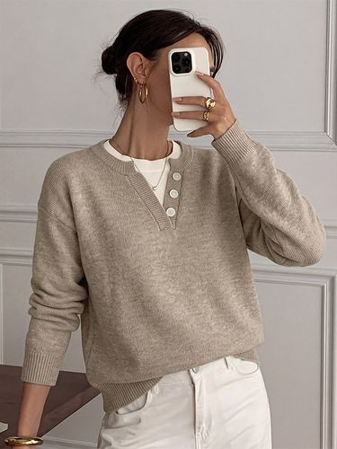 Pull en maille à col V cranté et boutons coupe oversize manches longues uni - milanoo.com - Modalova