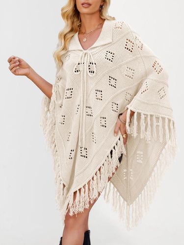 Poncho/châle/cape de plage oversize à franges et pompons en maille losange ajourée cordon de serrage cape - milanoo.com - Modalova