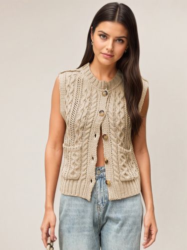 Gilet sans manches en maille torsadée à col rond et poche boutonnée sur le devant - milanoo.com - Modalova