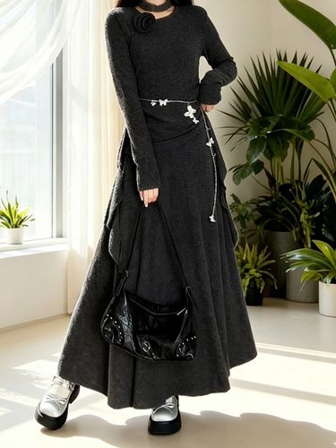 Ensemble deux pièces robe maxi en maille côtelée ornée d'un col fleuri et d'une jupe longue à volants - milanoo.com - Modalova