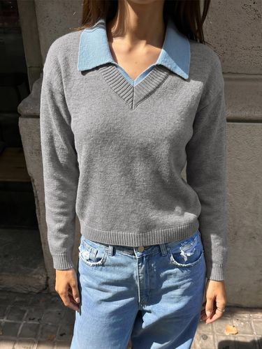 Pull-over à col contrasté effet deux pièces col en V en maille - milanoo.com - Modalova