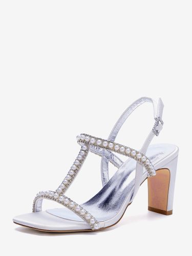 Chaussures de mariée blanches à bout ouvert ornées de perles et à talon compensé en forme de T - milanoo.com - Modalova