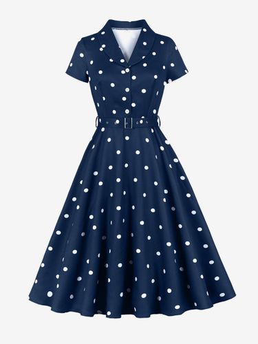 Robe vintage à pois revers manches courtes boutons sur le devant ceinture ajustable robe midi évasée style rétro - milanoo.com - Modalova