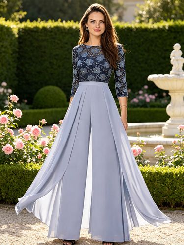 Robe de soirée pour la mère de la mariée combinaison en dentelle à col bijou et manches 3/4 robe d'invitée de mariage - milanoo.com - Modalova