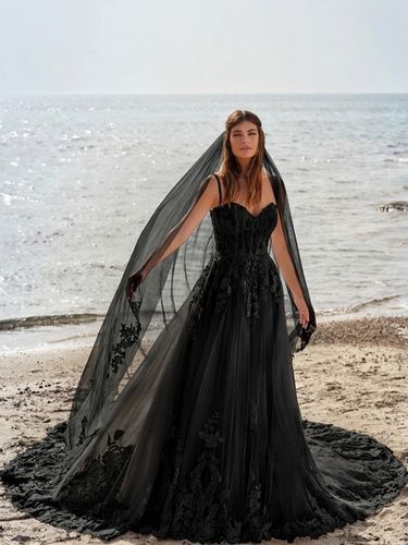 Voiles de mariée à un niveau en tulle appliqué avec bordure en dentelle appliquée et effet cascade - milanoo.com - Modalova