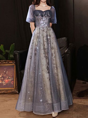 Robe de bal en dentelle col carré ligne a manches courtes robes de concours - milanoo.com - Modalova