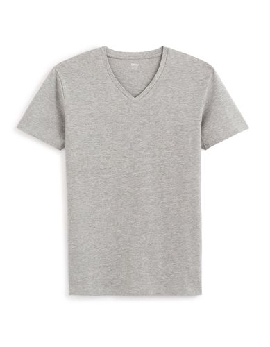 T-shirt slim col V en coton stretch - gris chiné - camaieu - Modalova