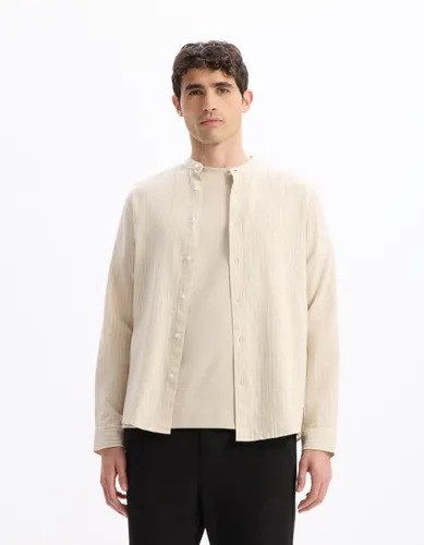 Chemise regular rayé col mao en lin et coton - naturel - camaieu - Modalova