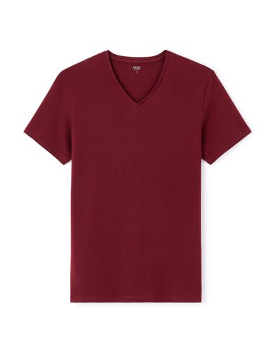 T-shirt slim col V en coton stretch - bordeaux - camaieu - Modalova