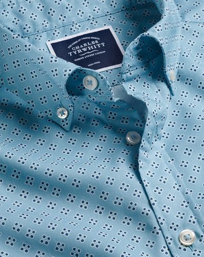 Chemise À Motif Losanges En Popeline Extensible À Manches Courtes Et Col Boutonné Sans Repassage - Vert D'eau en par - Charles Tyrwhitt - Modalova