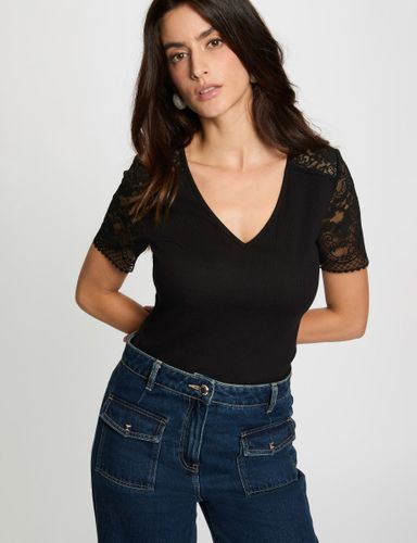 T-shirt dentelle col v noir femme - Morgan - Modalova