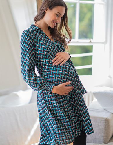 Robe chemise grossesse et allaitement imprimé - Bleu canard - Seraphine - Modalova