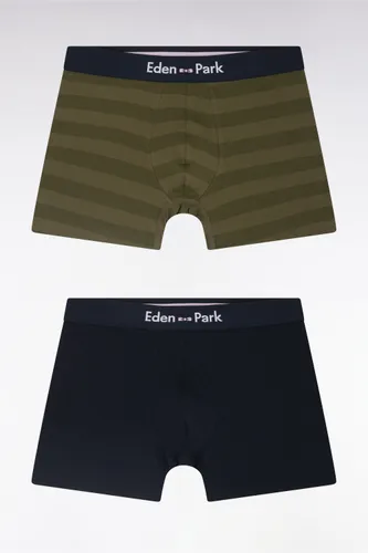 Lot De Deux Boxers En Jersey De Coton Stretch Marine Et Cerclé Kaki - Eden Park - Modalova