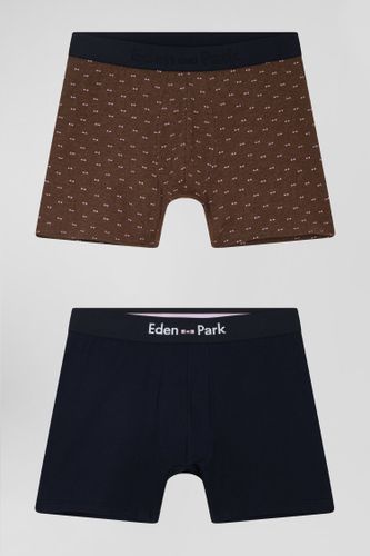 Lot de 2 boxers en coton stretch uni et micro-motifs marron - Eden Park - Modalova