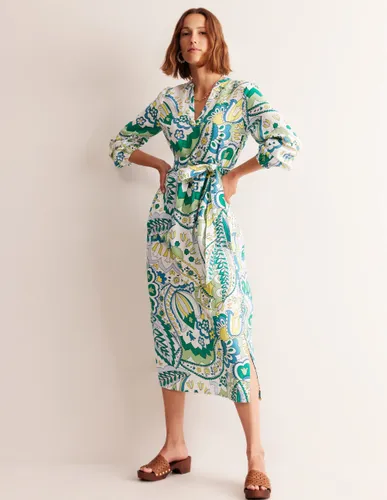 Robe longue à col cranté en lin-Émeraude, motif Foliage Paisley - Boden - Modalova