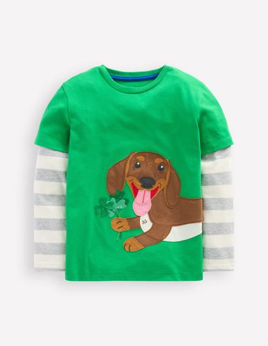 T-shirt fausses manches à appliqué-Chien Saint-Patrick vert printemps - Boden - Modalova