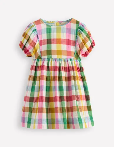 Robe double-étoffe à manches bouffantes-Carreaux multi - Boden - Modalova