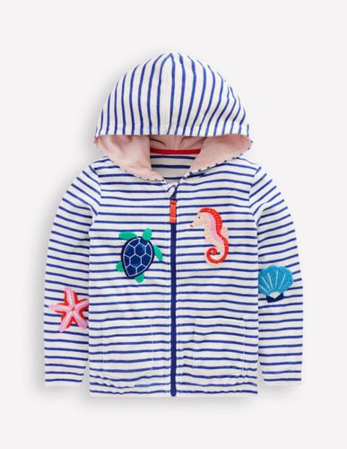 Sweat à capuche zippé en éponge-Mer rayé ivoire/bleu vif - Boden - Modalova