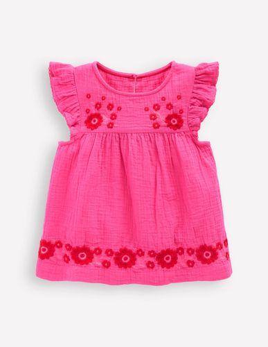 Top double-étoffe à manches volantées-Broderie rose sorbet - Boden - Modalova