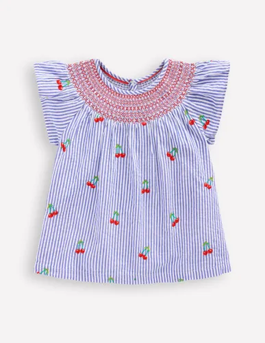Top tissé à smocks-Cerises coutil bleu - Boden - Modalova