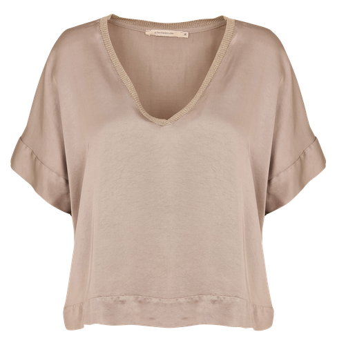 Top en satin taupe à encolure V et manches courtes - La Fée Maraboutée - Modalova