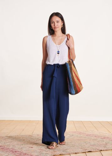 Pantalon ample fluide bleu marine taille haute - La Fée Maraboutée - Modalova