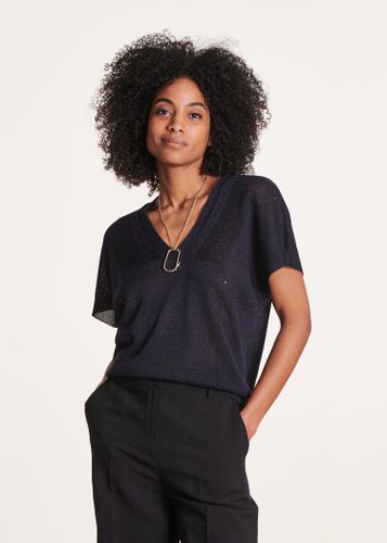 Pull bleu foncé en maille irisée manches courtes col V - La Fée Maraboutée - Modalova