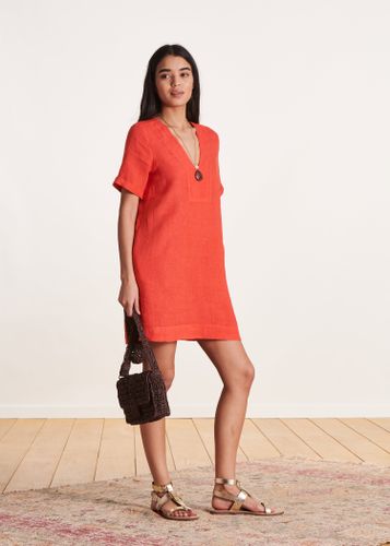 Robe courte orange en lin col V - La Fée Maraboutée - Modalova