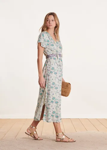 Robe longue cintrée écrue imprimée manches courtes - La Fée Maraboutée - Modalova