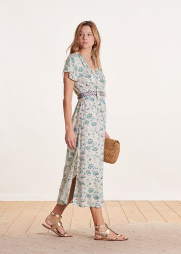 Robe longue cintrée écrue manches courtes à imprimé - La Fée Maraboutée - Modalova