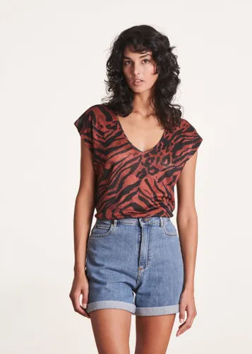 T-shirt en jersey lin marron à imprimé animalier - La Fée Maraboutée - Modalova