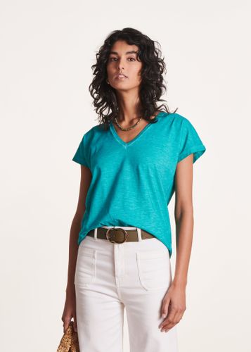 T-shirt droit en coton cold dye bleu col V - La Fée Maraboutée - Modalova