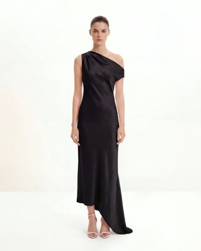 Robe asymétrique drapée en satin à une épaule - Noir - JW PEI - Modalova