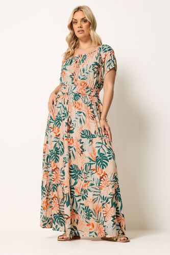 Robe Longue À Encolure Bardot Nouée Crème À Motif Feuilles Size 44 - Yours - Modalova