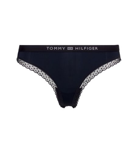 Til kvinder. UW0UW04184 Tanga med logo og navyfarvede blonder (XS), Afslappet, Bæredygtig, Genanvendt nylon - Tommy Hilfiger - Modalova