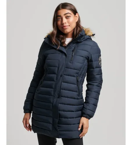 Til kvinder. W5011564A Fuji mellemlang navy quiltet hætte mellemlang navy frakke (XS), Casual, Bæredygtig, Genanvendt nylon - Superdry - Modalova