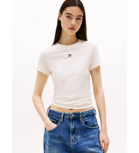 Til kvinder. DW0DW21422 Slim fit T-shirt med hvidt lineært logo (M), Casual, Bomuld, Korte ærmer - Tommy Jeans - Modalova