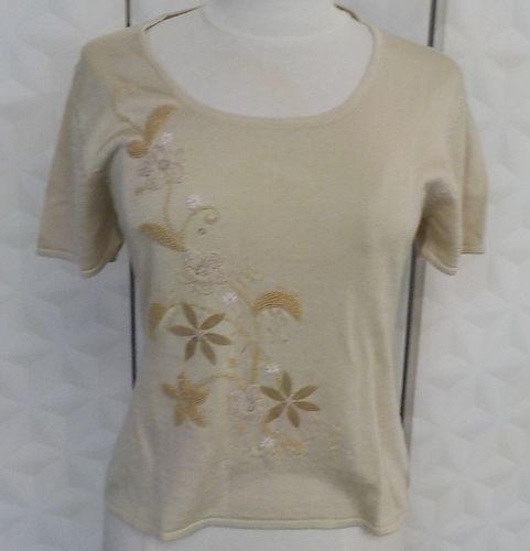 T-shirt beige fleurs brodes, perles et sequins - Taille 42 - caroll - Modalova