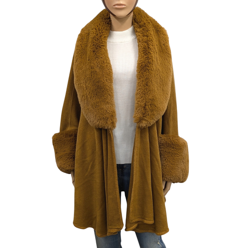 Manteau Cape Poncho T U en maille et fausse fourrure camel - non prcis - Modalova