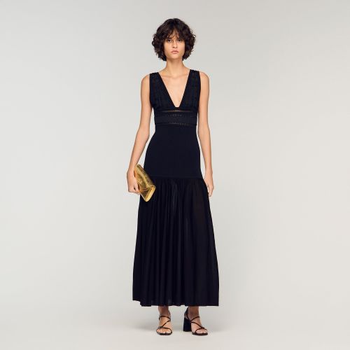 Robe longue en maille à volants - Sandro Paris - Modalova