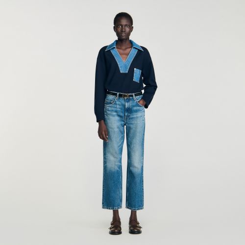 Pull à détails denim - Sandro Paris - Modalova
