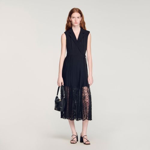 Robe longue à col dentelle - Sandro Paris - Modalova